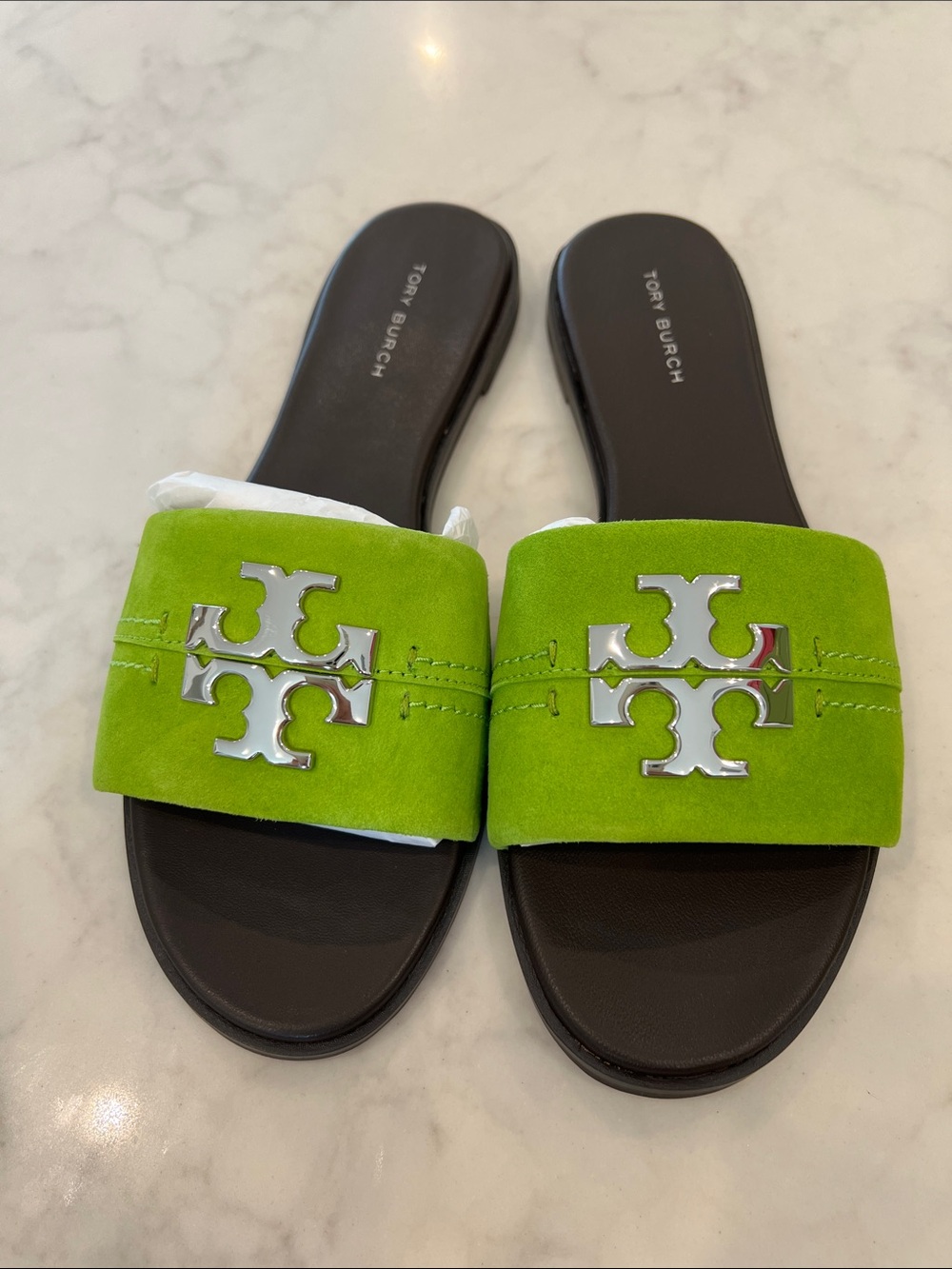 Tory Burch Neon Green Suede Slide Sandals with Silver Logo